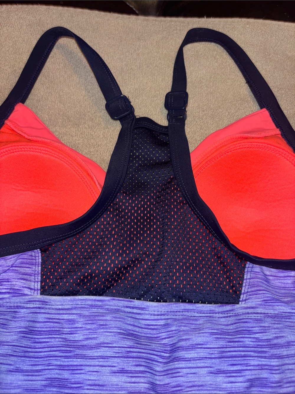 Purple Heather Tankini Top with Navy Swim Shorts
Top is a 12
Bottom is a 10 - Picture 4 of 5